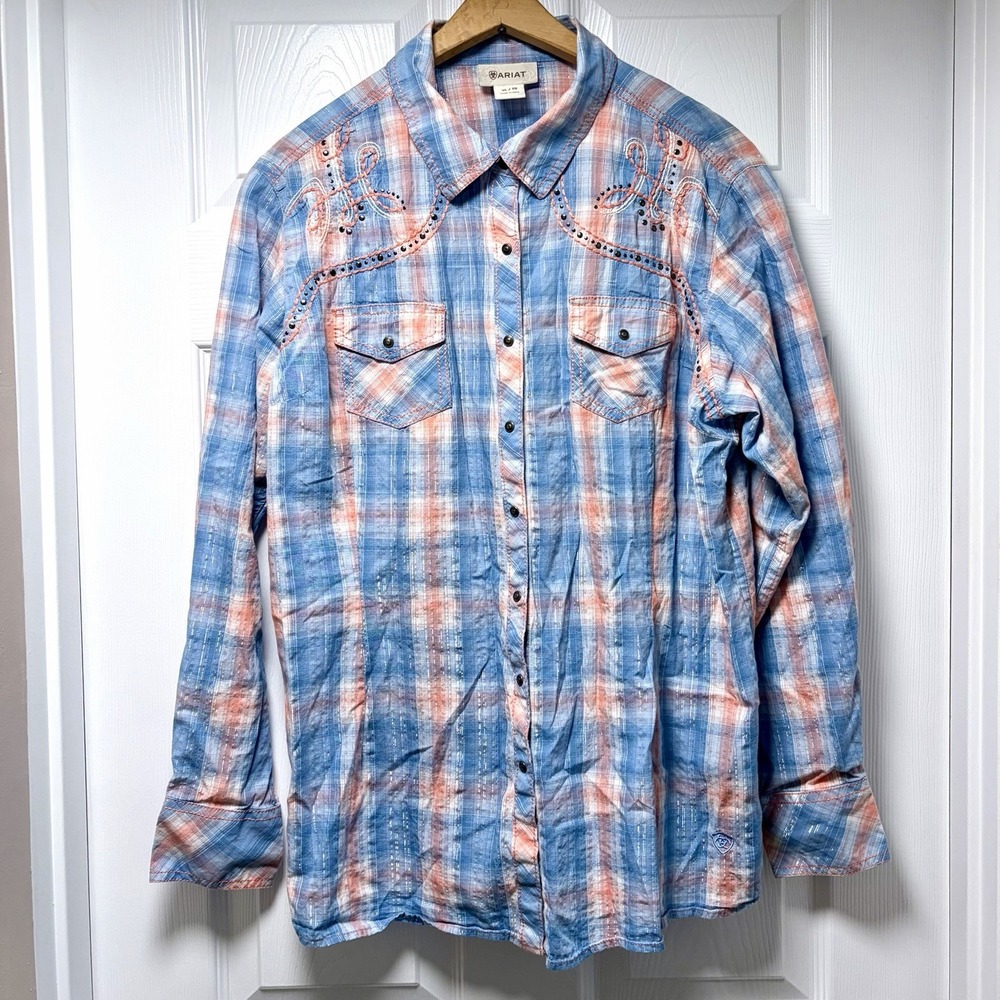 Ariat Plaid Embroidered Western Snap Button Shirt Woman's XL Blue Pink Metallic